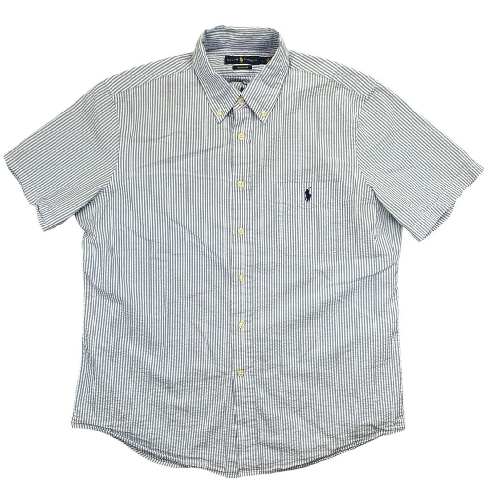 Ralph Lauren Mens La Seersucker Shirt Blue White Stripe Short Sleeve Button Down